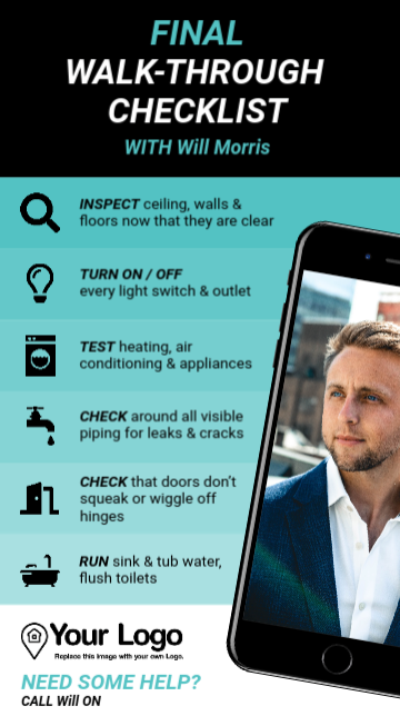 A social media post template displaying a walkthrough checklist for potential homeowners.