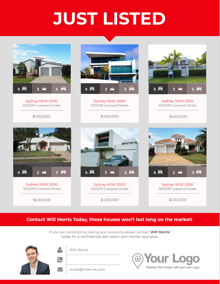 A just listed real estate flyer featuring multiple homes.