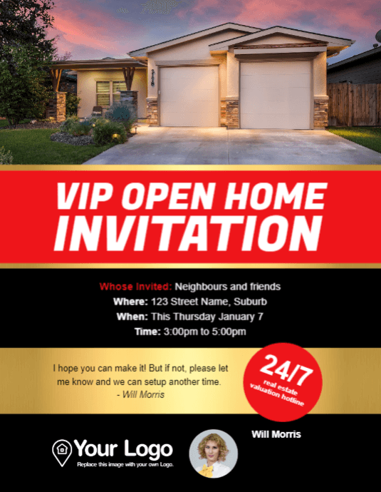 A flyer template for a VIP open home event.