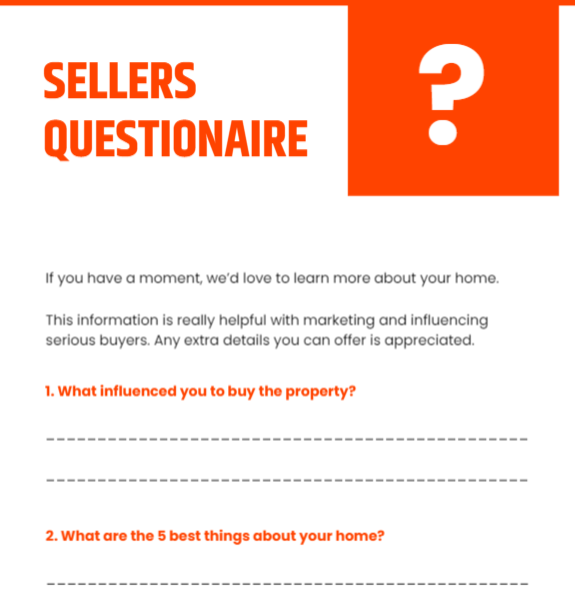 A seller's questionnaire within a pre-listing kit