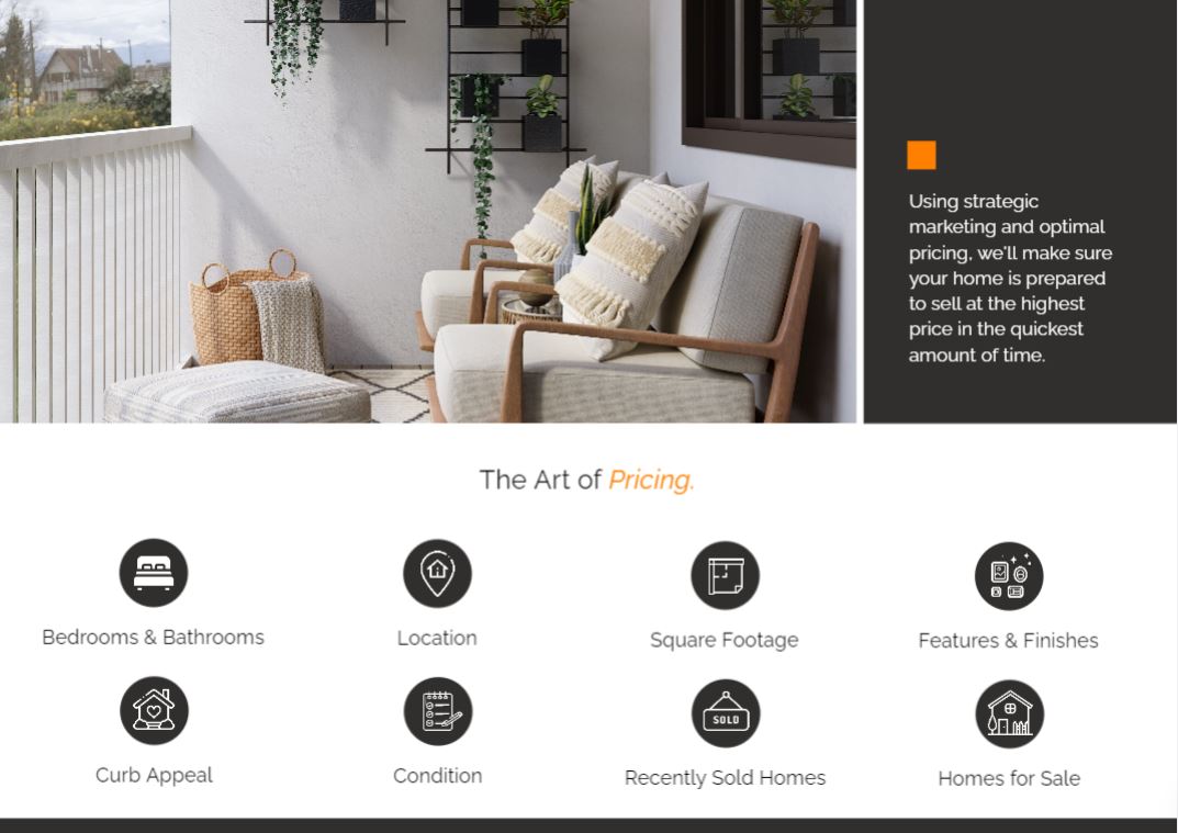 The pre listing presentation template includes a page with the pricing criteria for houses.