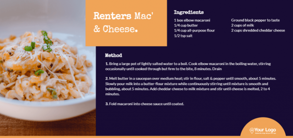 The renter's mac and cheese real estate recipe postcard