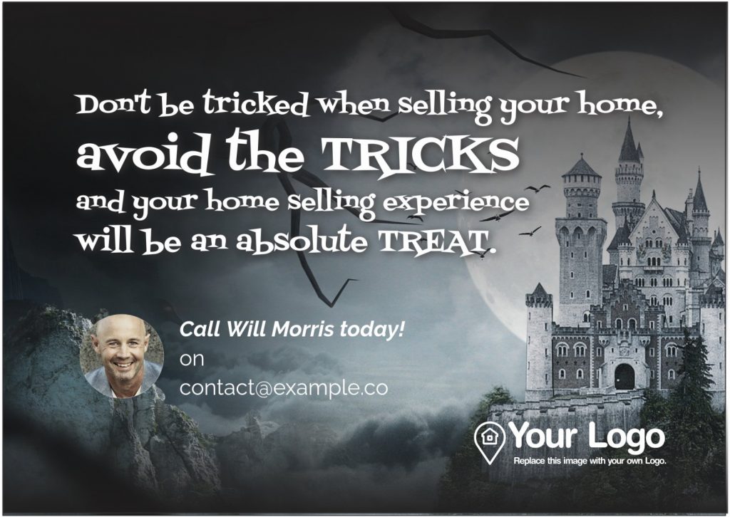 An example of a Halloween-themed real estate postcard.