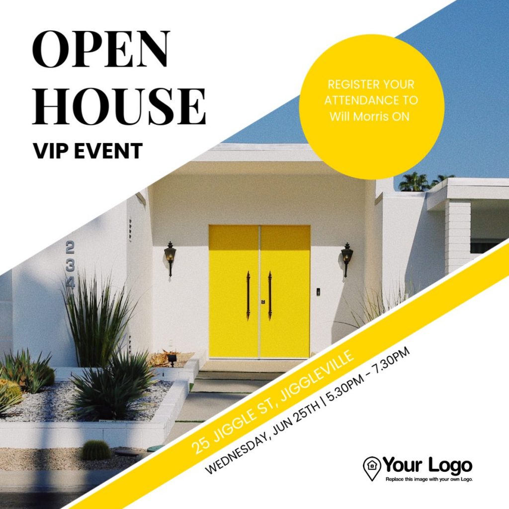 A summer real estate flyer for a VIP open house event.