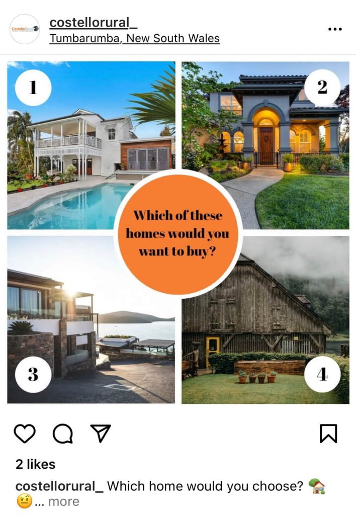 The Costello Rural Instagram page displaying four different houses. 