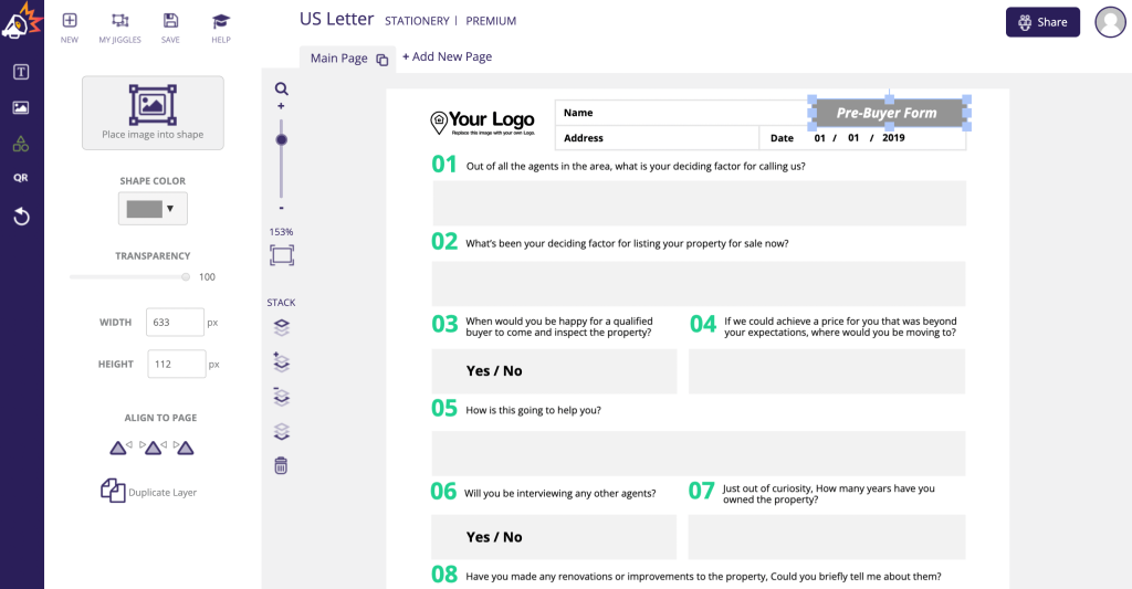 Creating a custom pre-buyer form in the Jigglar editor.