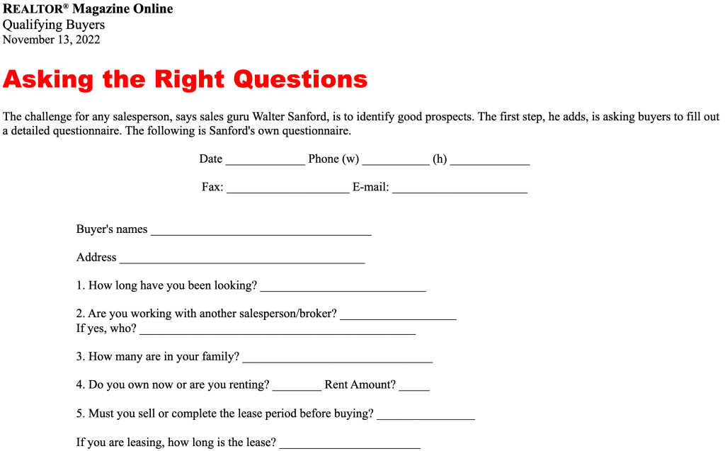An example of a real estate client questionnaire from Realtor Magazine Online.