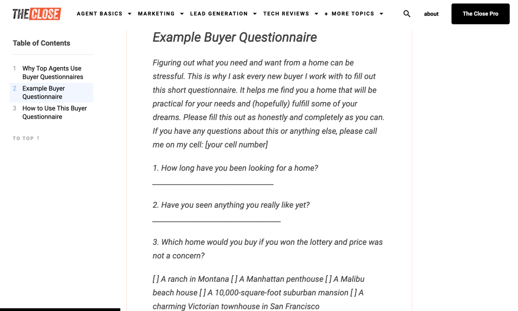 Example real estate buyer questionnaire from The Close website.