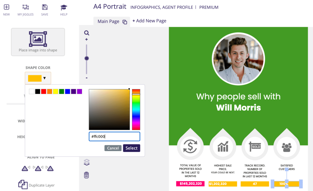 Selecting a detail color on an agent profile template. 