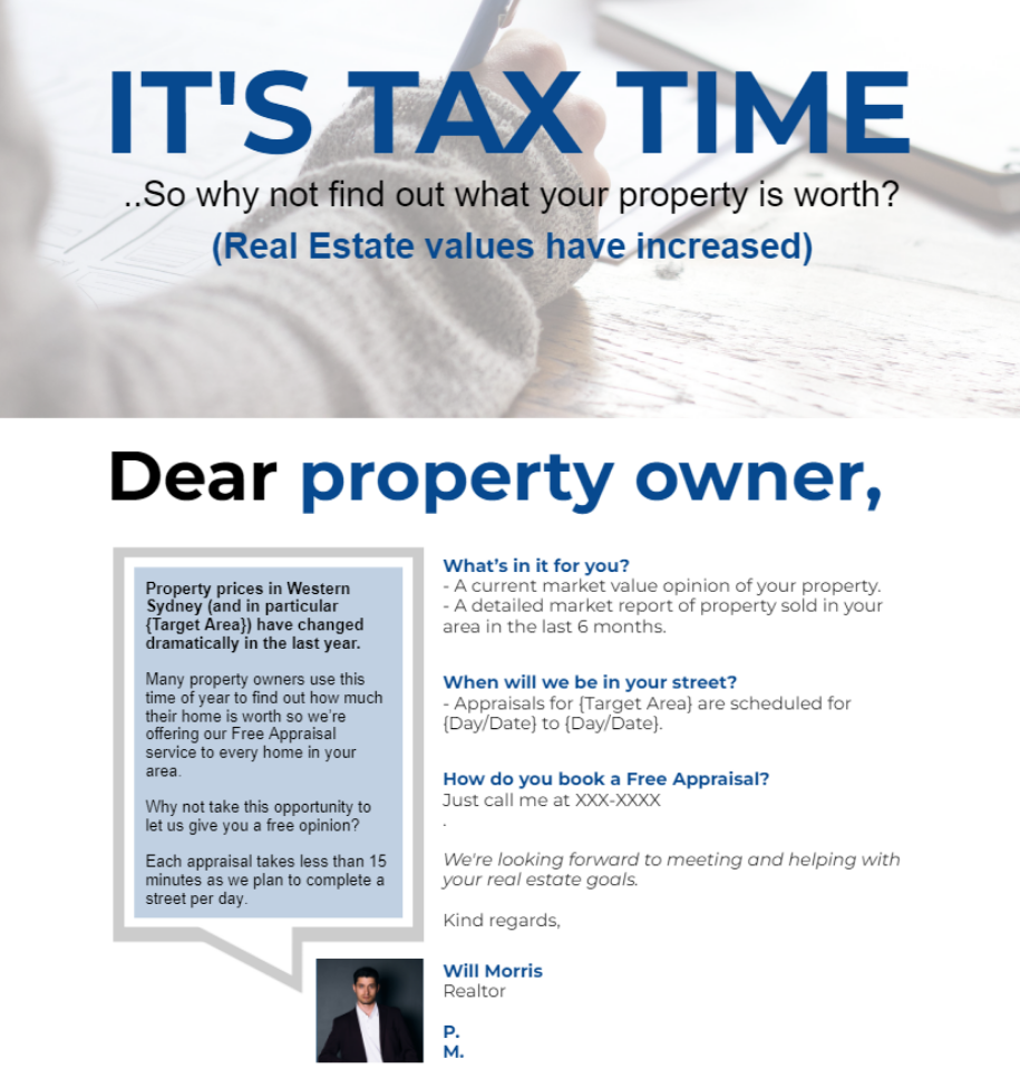 A flyer for free real estate appraisals during tax season