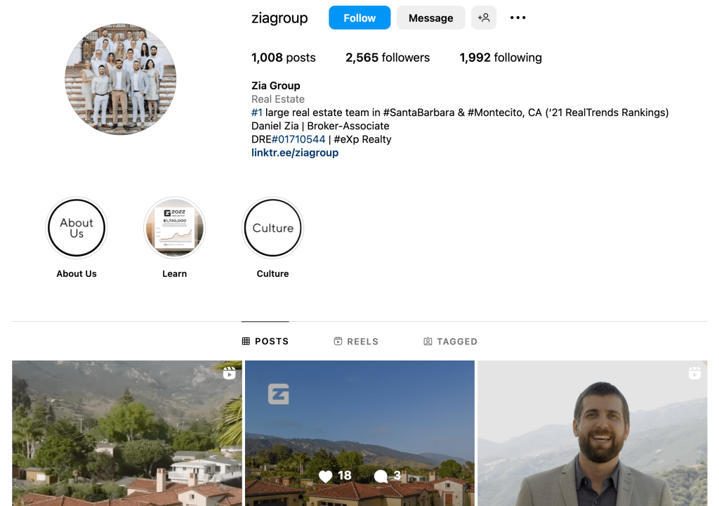A real estate business profile on Instagram