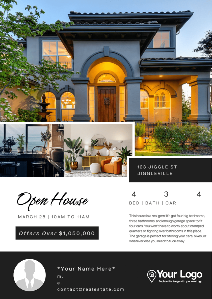 Real estate marketing photos in an open house template from Jigglar