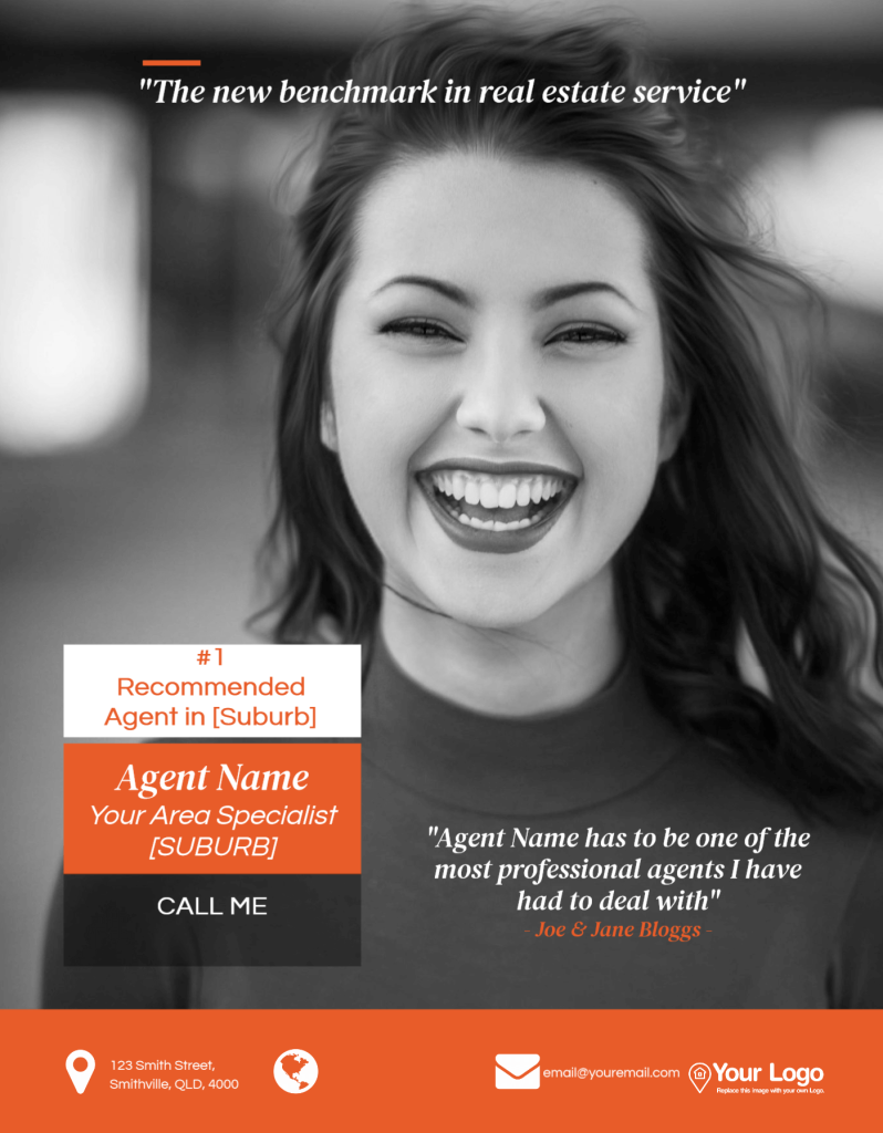 A woman smiling with a realtor testimonial on the bottom right