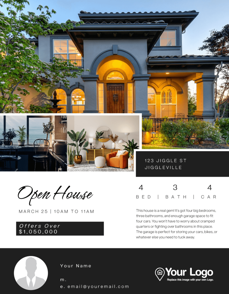 An open house flyer with a large exterior photo of a white house and two small interior photos at its bottom left