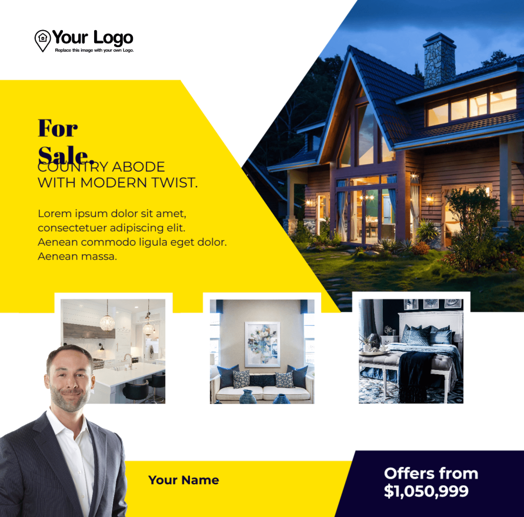 A Facebook post with dynamic angles and high-contrast yellow, black and white colors that surround a large photo of a home and three smaller interior shots