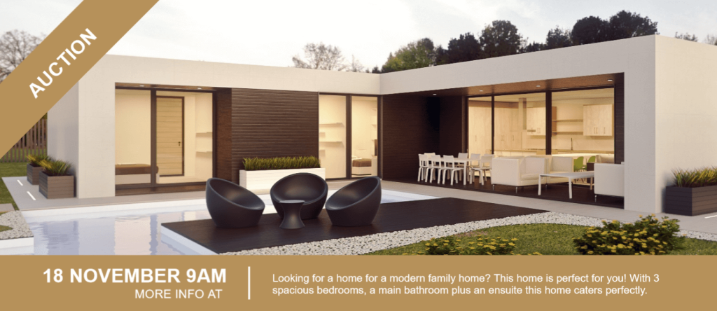 An auction Facebook cover photo with a white one-level house with seating areas around a water feature