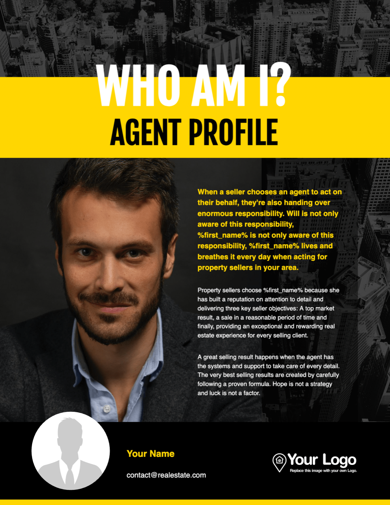 A real estate agent profile template in The Manhattan brand kit by Jigglar