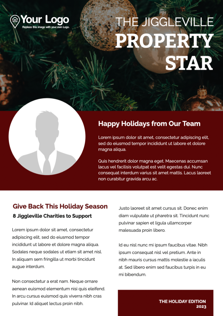 An example of a holiday real estate newsletter made with a Jigglar template